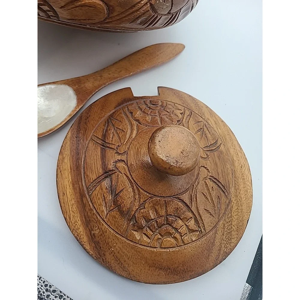 Wooden Serving Bowl Hand Carved- Lid Mother Of Pearl Like Inlay 11
